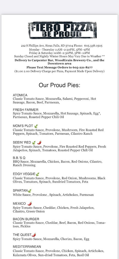 Fiero Pizza Menu image 1